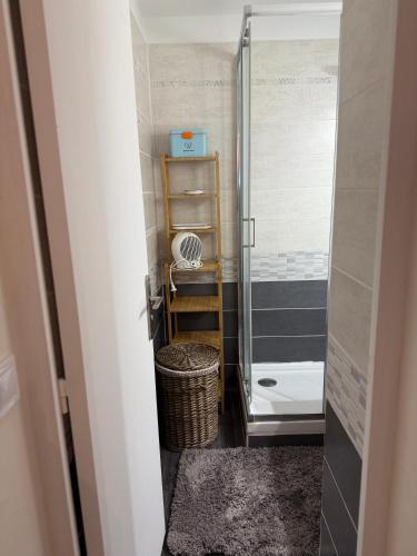 une petite salle de bain avec douche et toilettes dans l'établissement Dernier étage avec garage, piscines et tennis, à Cagnes-sur-Mer