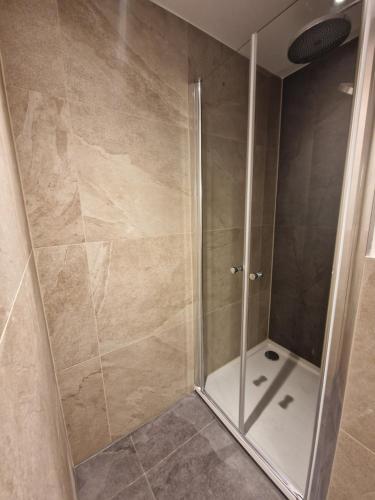 a shower with a glass door in a bathroom at Magisches Wachstein in Wachstein