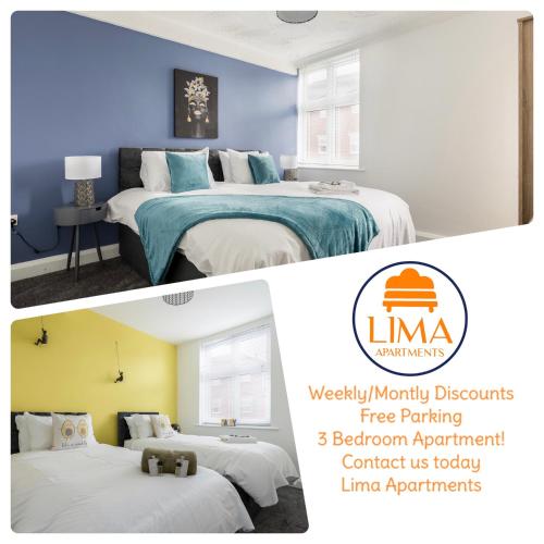 two pictures of a bedroom with two beds at Lima Apartments Ltd-4 Beds-Large property -Long Stay Deal-Business-Parking in Bournemouth