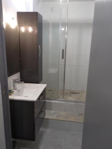 une salle de bain avec un lavabo et une douche dans l'établissement Chez Amandine, à Molières