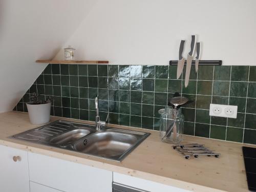 - un comptoir de cuisine avec évier et carrelage vert dans l'établissement nandrion en duo, à Trévignin