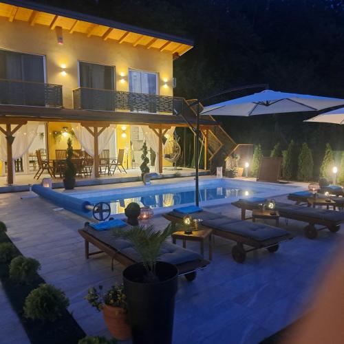 a house with a swimming pool at night at Mihajlova oaza in Neštin