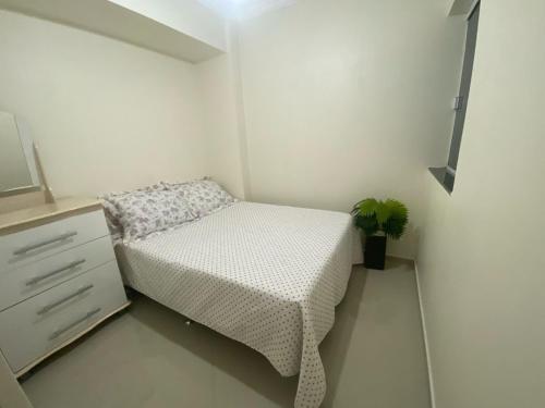 a small bedroom with a bed and a plant at Apto climatizado 302 centro de Piratuba SC in Piratuba