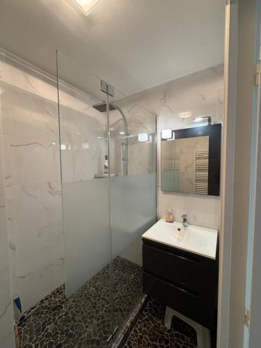 une salle de bain avec un lavabo et une douche en verre dans l'établissement Hyper centre Arcachon vu sur le bassin, à Arcachon