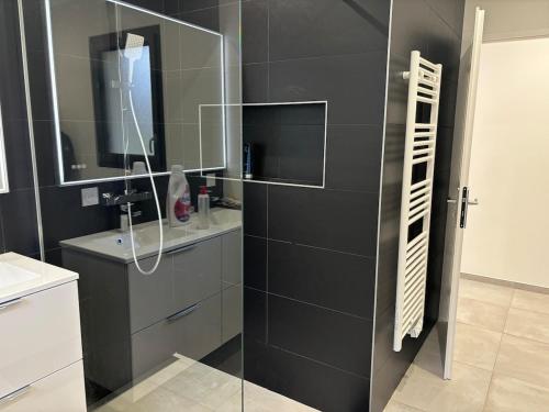 bagno nero con lavandino e specchio di Maison neuve à la montagne a Le Châtelard