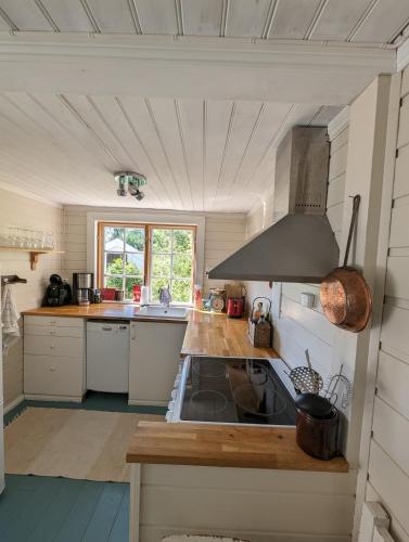a small kitchen with a stove and a sink at Charming guest house with amazing view in Kvam