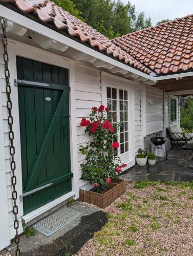 a green door on the side of a house at Charming guest house with amazing view in Kvam