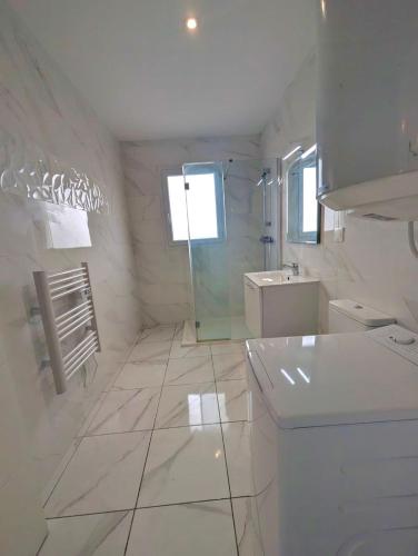 a white bathroom with a shower and a sink at T2 confort Toulouse in Toulouse