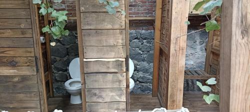a bathroom with a toilet and a stone wall at Mindfulness Glamping, Retiro de Yoga, Todo Incluido in Mexico City