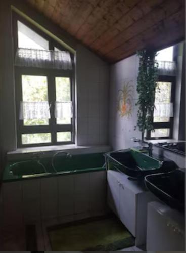 a bathroom with two sinks and a green tub at Ferienwohnung Schindele am Bodensee in Langenargen