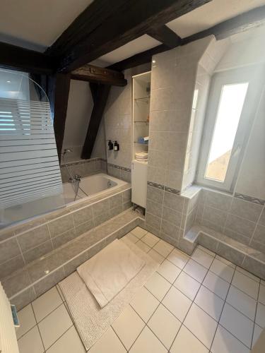 a bathroom with a bath tub and a window at Duplex Le Léonor in Strasbourg