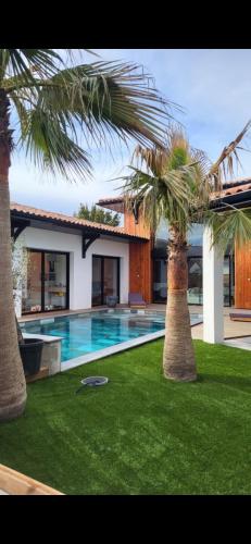 une maison avec une piscine et deux palmiers dans l'établissement Villa Luna, à La Teste-de-Buch