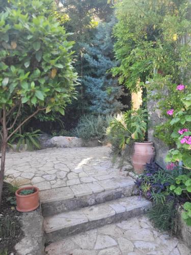 a garden with a stone path and plants and trees at Villa Bakola in Sívros