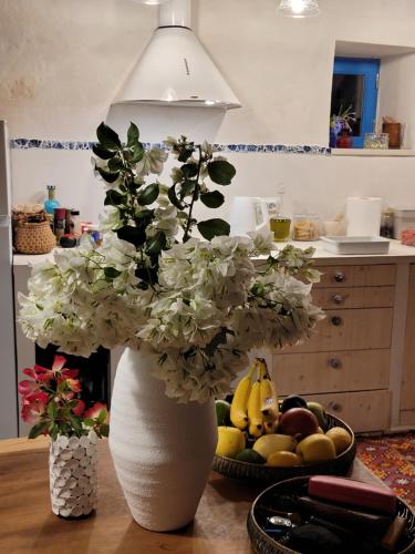 a white vase with flowers and fruit on a table at Villa Bakola in Sívros