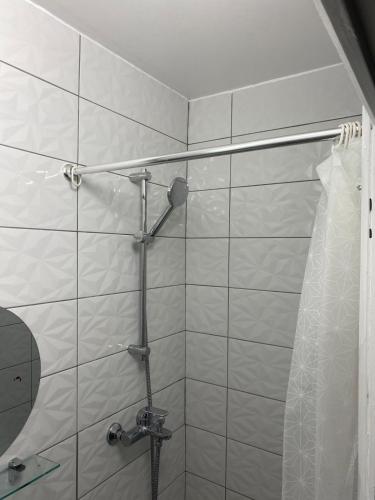 La salle de bains est pourvue d'une douche avec rideau de douche. dans l'établissement Studio au cœur de Montmartre, à Paris