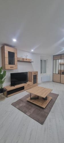 un salon avec une table basse et une télévision à écran plat dans l'établissement Bel appartement Belfort centre-Gare, à Belfort