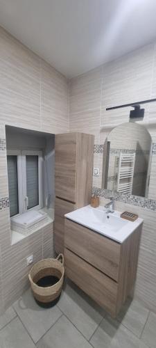 une salle de bain avec un lavabo et un miroir dans l'établissement Bel appartement Belfort centre-Gare, à Belfort