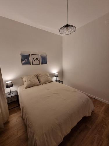 une chambre avec un grand lit avec deux lampes dans l'établissement Appartement au centre historique ツ, à Belfort