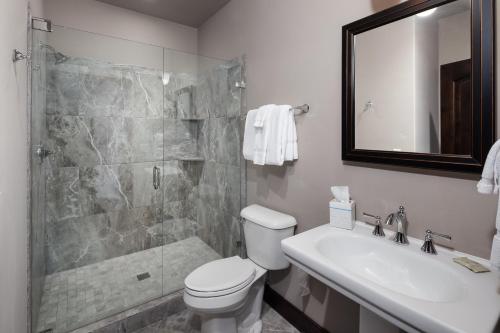 a bathroom with a shower and a toilet and a sink at Lodge at Whitefish Lake in Whitefish