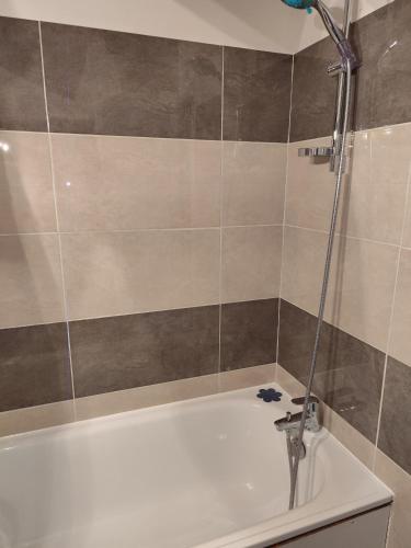 La salle de bains est pourvue d'une douche et d'une baignoire. dans l'établissement Arzon plage Fogeo terrasse kerjouanno, à Arzon