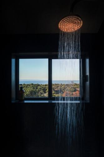 a window with a shower curtain in a room at Beach Front Off-Grid Cabin on Kangaroo Island - Rae in Antechamber Bay