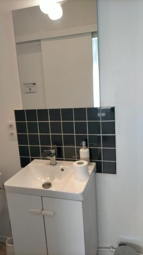 une salle de bain avec un lavabo blanc et un miroir dans l'établissement Le CosyWarm, à Calais