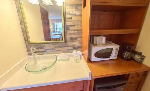 a bathroom counter with a sink and a microwave at Arbors at Island Landing Hotel & Suites in Pigeon Forge