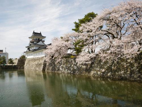 a castle and cherry trees in front of a body of water at Tsurugi Koizuki in Kamiichi