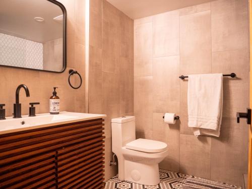 a bathroom with a toilet and a sink and a mirror at Updated Cabin near Beach&Ski HotTub Sauna Pets EV in Tahoe City