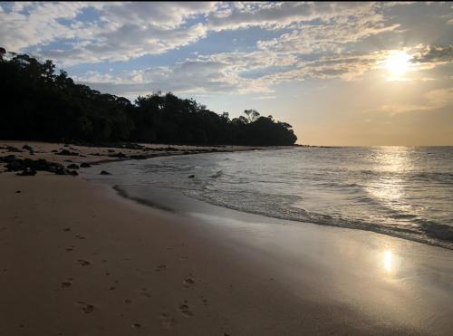 a beach with footprints in the sand and the ocean at Pousada Recanto do Sabiá in Barcarena
