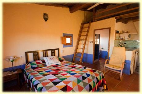 1 dormitorio con cama, escalera y silla en El Nido de La Collalba, en Cabañas del Castillo