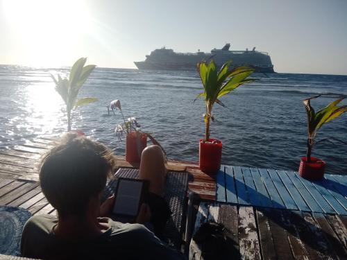 a person sitting on a dock looking at a cruise ship at Hotel Victoria s Beach House in Roatan