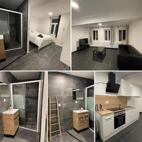 a collage of photos of a bedroom and a living room at 16 Doré 2 in Tournai