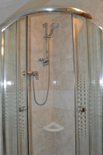 a shower with a glass shower stall with a shower at Restaurace a penzion U Lva in Karlštejn