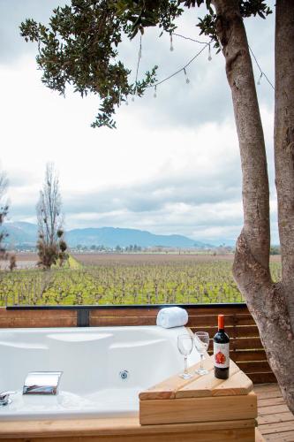 a bath tub with wine glasses and a view of a field at Apalta Lofts, disfruta frente a viñedos in Santa Cruz