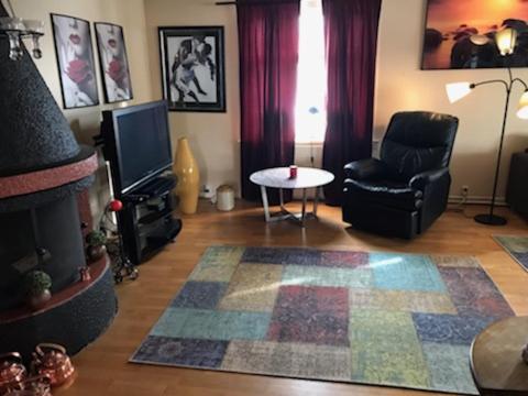 a living room with a fireplace and a chair and a television at Villa Nordlys in Andenes