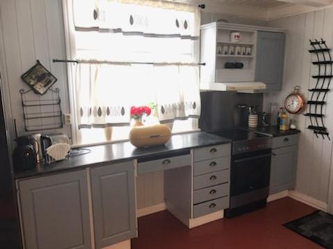 a kitchen with a counter top and a window at Villa Nordlys in Andenes