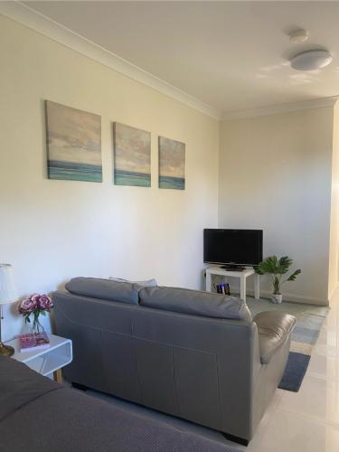 a living room with a couch and a tv at Entire Studio Guesthouse in East Lindfield in Roseville