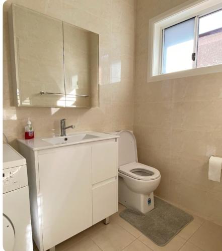 a bathroom with a toilet and a sink and a window at Entire Studio Guesthouse in East Lindfield in Roseville