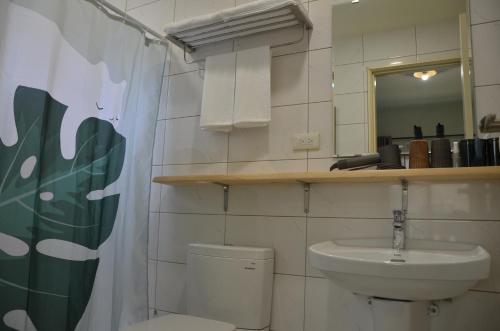 a bathroom with a toilet and a sink and a mirror at Kinmen Fujian Homestay in Tung-chou
