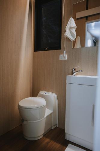 a bathroom with a toilet and a sink at River Haven Tiny House by Tiny Away in Noojee