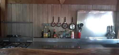 a kitchen with a counter with bottles and utensils at Pension LE PASSAGE in Vaitoare