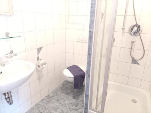 a bathroom with a sink and a toilet and a shower at BodenSEE Gästehaus Tettnang ALBERGO in Tettnang