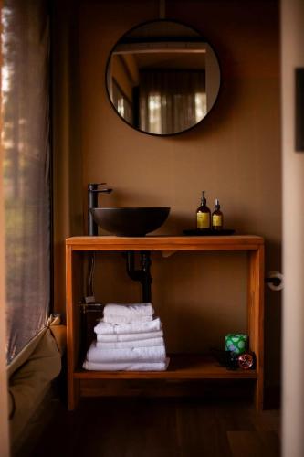 a bathroom with a sink and a shelf with towels at Vineyard Cabin - Hunter Valley - Lucia in Pokolbin