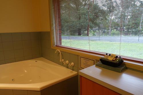 a bathroom with a tub and a window at Pinnacle Holiday Lodge in Halls Gap