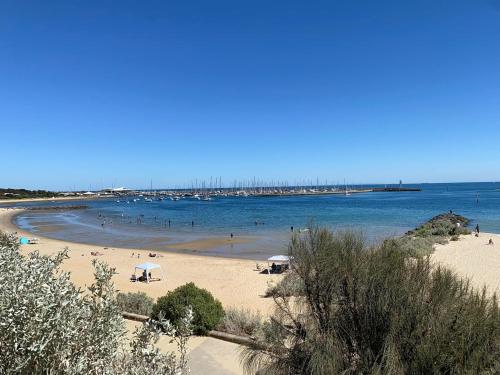 a beach with a bunch of people in the water at Beach Road Hampton Holidays in Melbourne