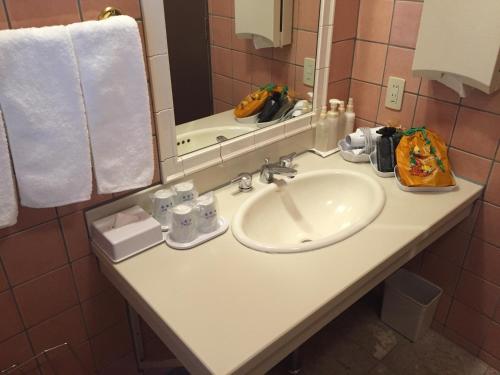 a bathroom counter with a sink and a mirror at Yufuin Hotel Mori-no-Terrace in Yufuin