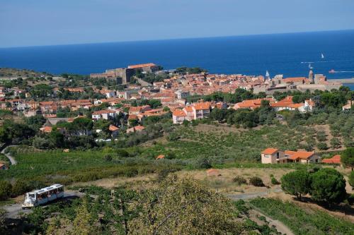une petite ville sur une colline près de l'océan dans l'établissement Collioure, appartement clair, terrasse et parking, à Collioure