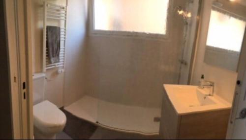 une salle de bain avec toilettes et lavabo dans l'établissement Collioure, appartement clair, terrasse et parking, à Collioure
