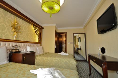 イスタンブールにあるサリナス イスタンブール ホテルのベッド2台、薄型テレビが備わるホテルルームです。